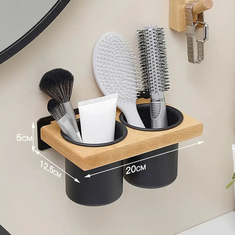 Farmhouse Wooden Wall Mount Hair Dryer Holder — Stylish Bathroom Hair Tool Organizer - Housite black 2 cup A