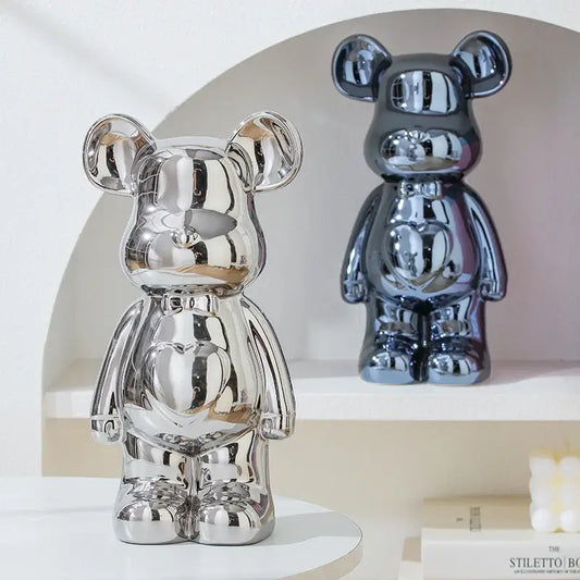 17/27/cm Ceramics Bear Figure Statues in glossy silver and black, perfect for home decor and aesthetic appeal.