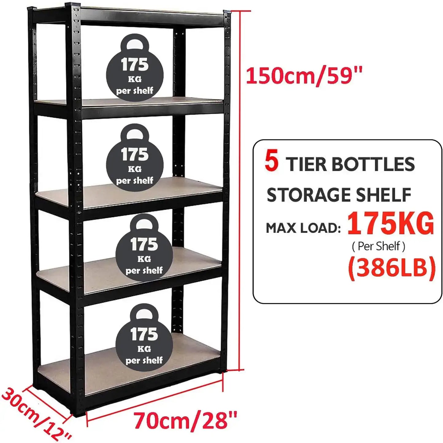 5-Tier Garage Shelving Unit – Heavy-Duty Metal Storage Rack for Workshop, Warehouse, Home, Office & Pantry - Housite Black 5 Tier 150Hcm / UNITED KINGDOM