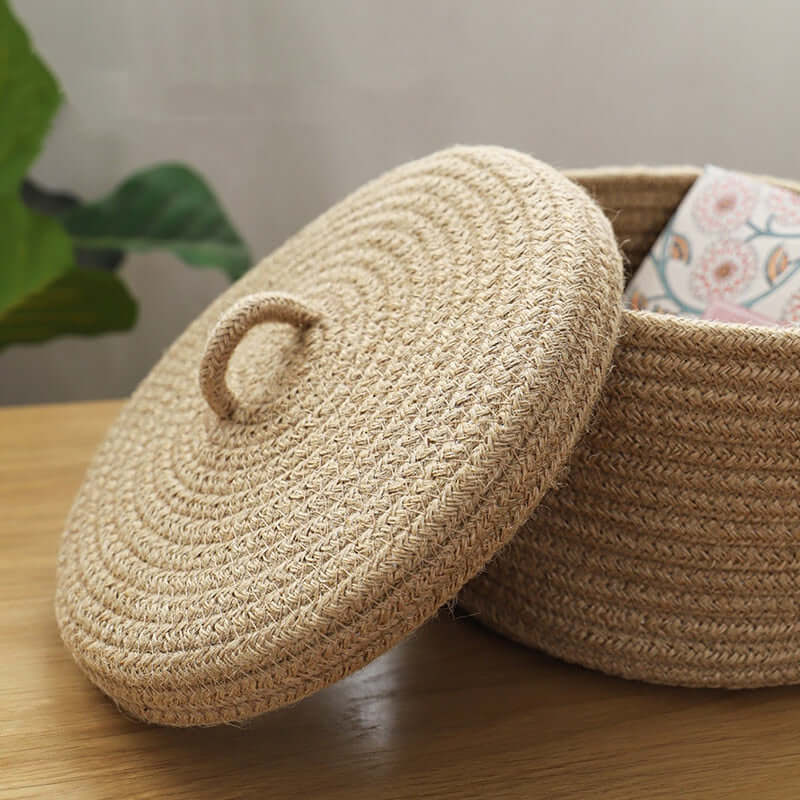 Eco-Friendly Jute Woven Storage Box Basket for Cosmetics | Natural Makeup Organizer & Vanity Storage - Housite S 12.5X16cm