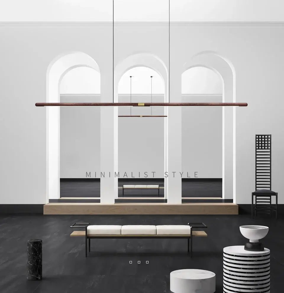 Luxury LED solid wood pendant light in minimalist dining room setting with elegant decor.