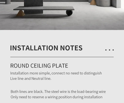 Installation notes for round ceiling plate with black steel wire, simplifying lighting setup for homes.