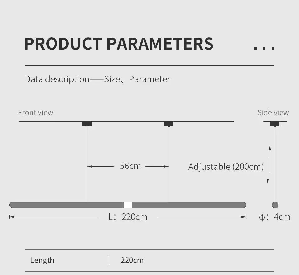 Product parameters diagram showing adjustable dimensions of a 220cm LED pendant light.