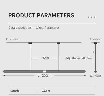 Product parameters diagram showing adjustable dimensions of a 220cm LED pendant light.