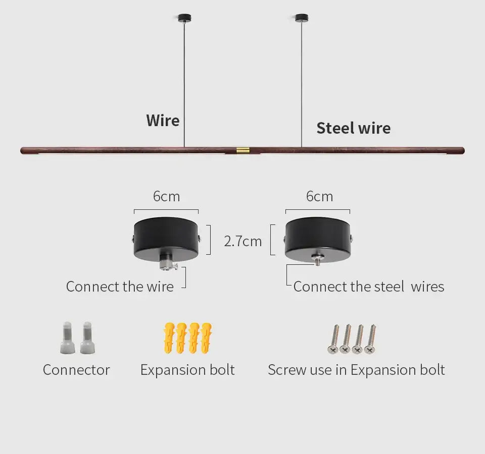 Detailed installation components of luxury LED solid wood pendant light, including steel wires and connectors.