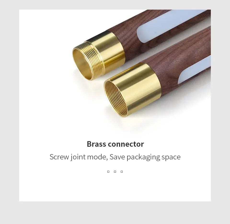 Close-up of brass connectors on solid wood pendant light showcasing screw joint design for easy assembly.