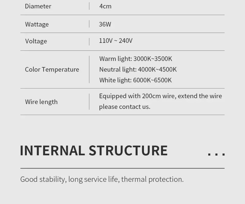 Specifications of LED pendant light including diameter, wattage, voltage, color temperature, and internal structure details.