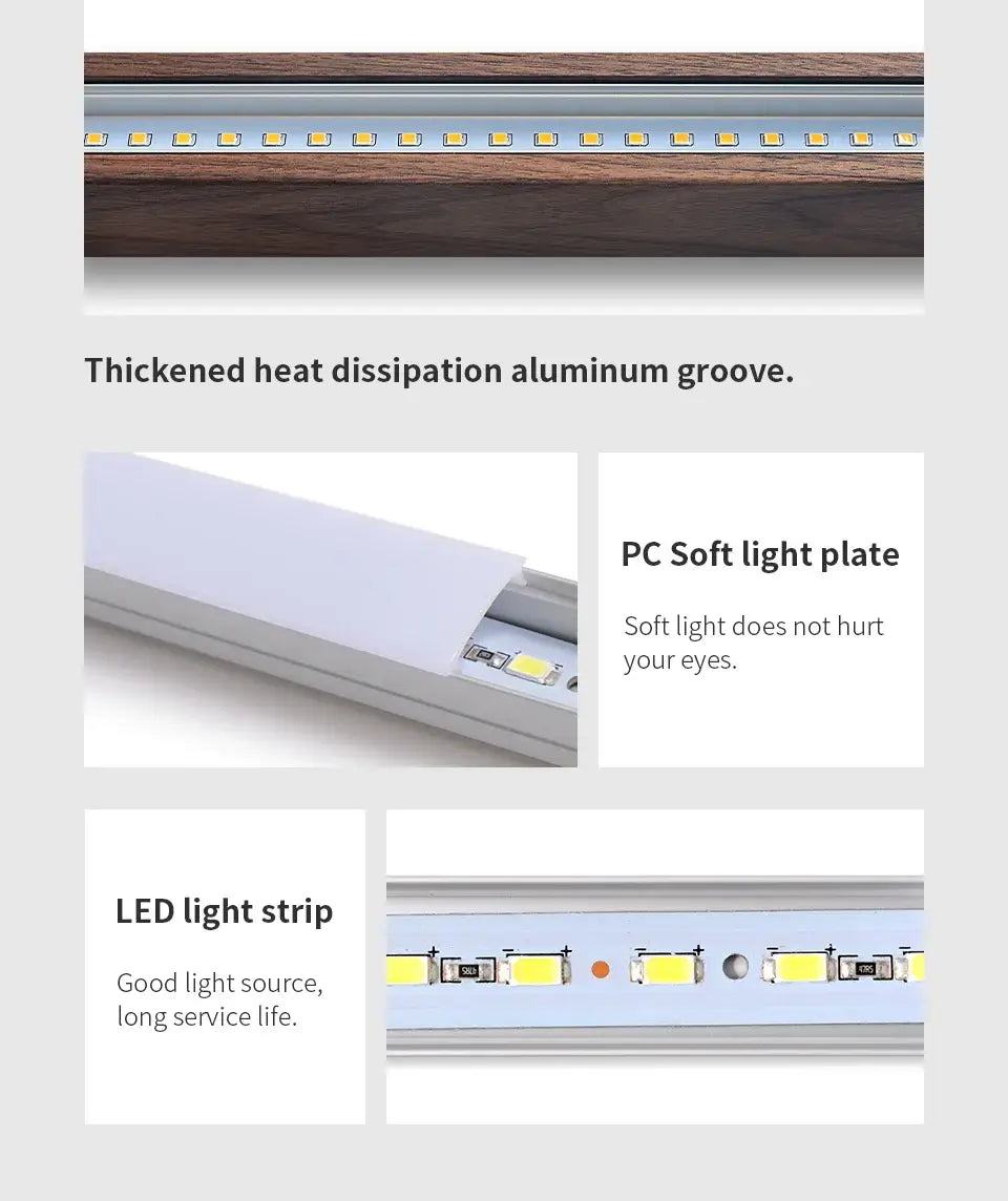 Components of a luxury LED pendant light: aluminum groove, soft light plate, and LED strip for energy efficiency.