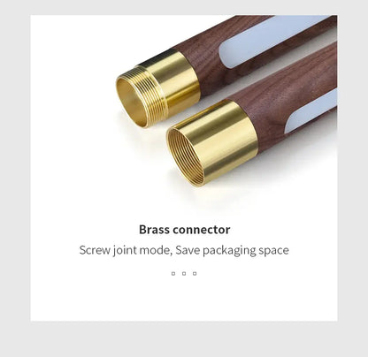 Close-up of brass connectors on luxury wood pendant light, showcasing screw joint design for space-saving.