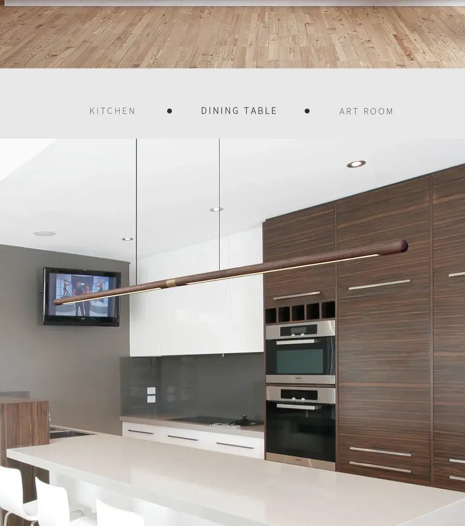 Luxury LED Solid Wood Pendant Light above a modern kitchen dining table, showcasing Nordic design and elegance.
