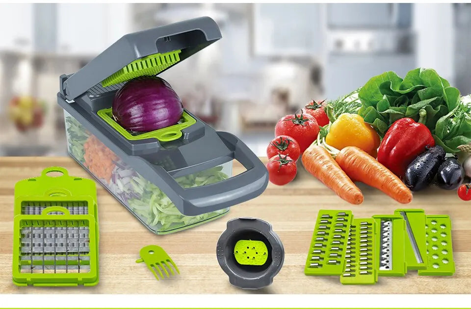 12-in-1 Multifunctional Vegetable Slicer & Chopper – Green & Black | Versatile Fruit, Potato, and Carrot Grater with Drain Basket