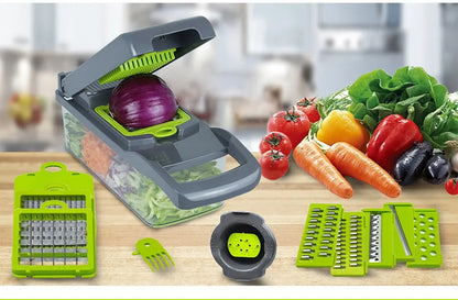 12-in-1 Multifunctional Vegetable Slicer & Chopper – Green & Black | Versatile Fruit, Potato, and Carrot Grater with Drain Basket