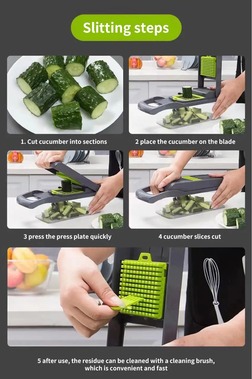 12-in-1 Multifunctional Vegetable Slicer & Chopper – Green & Black | Versatile Fruit, Potato, and Carrot Grater with Drain Basket