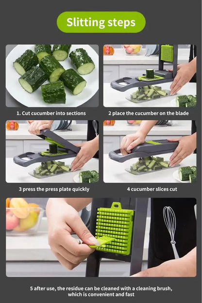 12-in-1 Multifunctional Vegetable Slicer & Chopper – Green & Black | Versatile Fruit, Potato, and Carrot Grater with Drain Basket