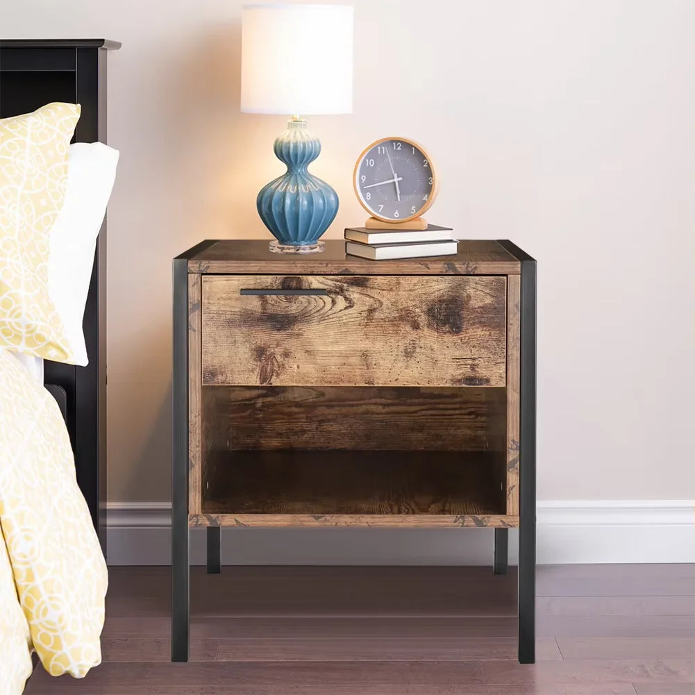 Retro Style Bedside Table with Drawer and Open Storage