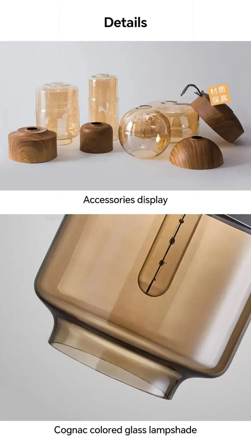 Display of Nordic LED pendant light accessories, showcasing cognac glass lampshade and wooden bases in modern design.