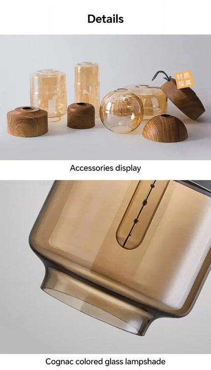 Display of Nordic LED pendant light accessories, showcasing cognac glass lampshade and wooden bases in modern design.