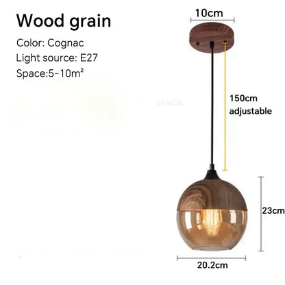 Wood grain Nordic pendant light in cognac color with adjustable height, ideal for modern home decor.