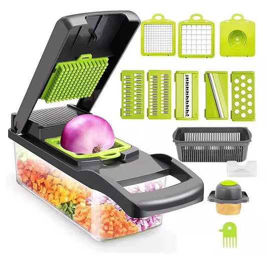 12-in-1 Multifunctional Vegetable Slicer & Chopper – Green & Black | Versatile Fruit, Potato, and Carrot Grater with Drain Basket