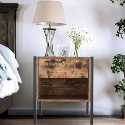 Retro Style Bedside Table with Drawer and Open Storage