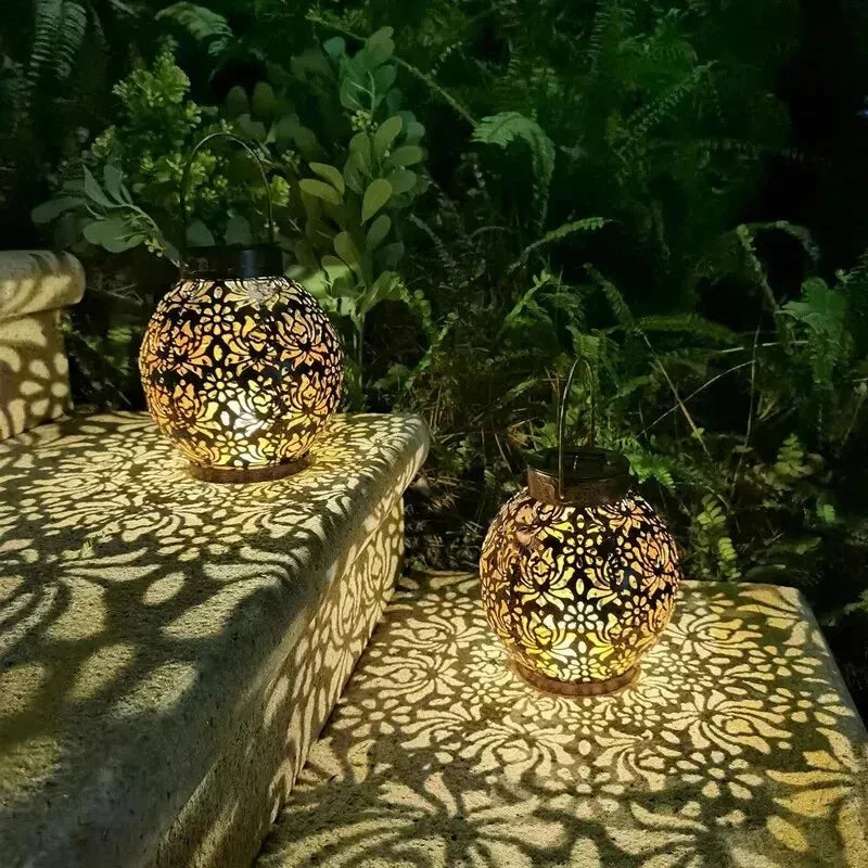 LED Solar Lantern Light - Hollow Wrought Iron Projection Hanging Lamp