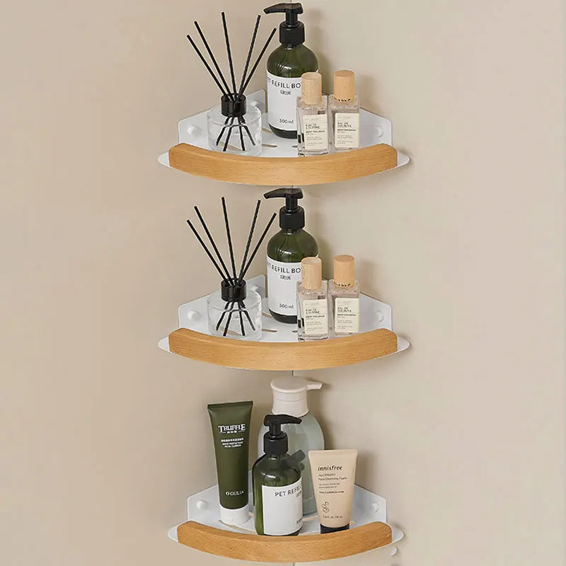 Black & White Bathroom Shelves – Wall Mounted Space Aluminum + Wood Shower Corner Storage Shelf