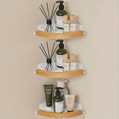 Black & White Bathroom Shelves – Wall Mounted Space Aluminum + Wood Shower Corner Storage Shelf