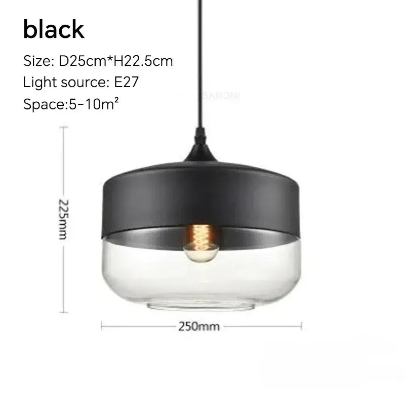 Modern black LED glass pendant light fixture with dimensions and specifications for stylish home decor.