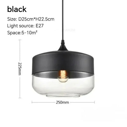 Modern black LED glass pendant light fixture with dimensions and specifications for stylish home decor.