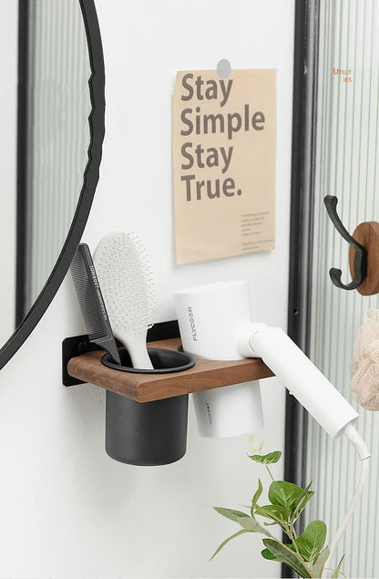 Farmhouse Wooden Wall Mount Hair Dryer Holder — Stylish Bathroom Hair Tool Organizer