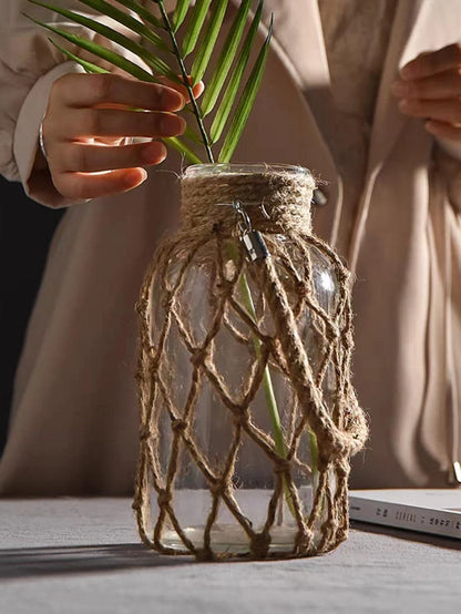 Hand Woven Hemp Rope Glass Vase – Boho Home Decor by Housite