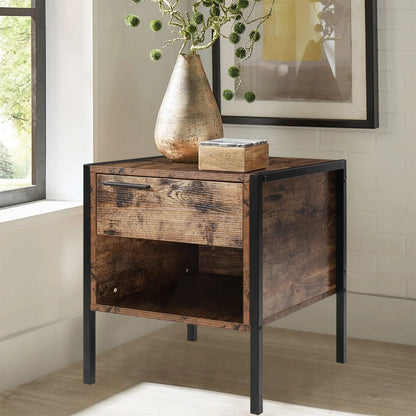 Retro Style Bedside Table with Drawer and Open Storage