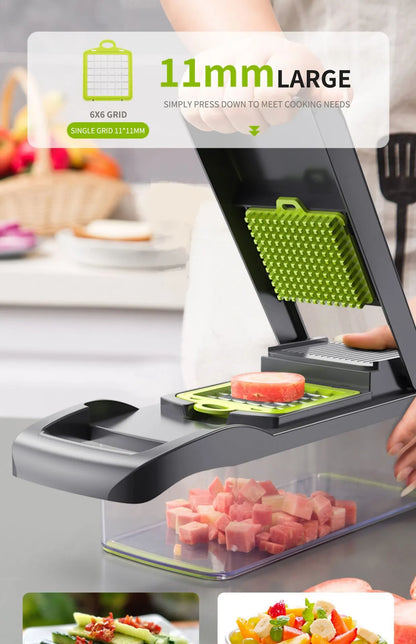 12-in-1 Multifunctional Vegetable Slicer & Chopper – Green & Black | Versatile Fruit, Potato, and Carrot Grater with Drain Basket