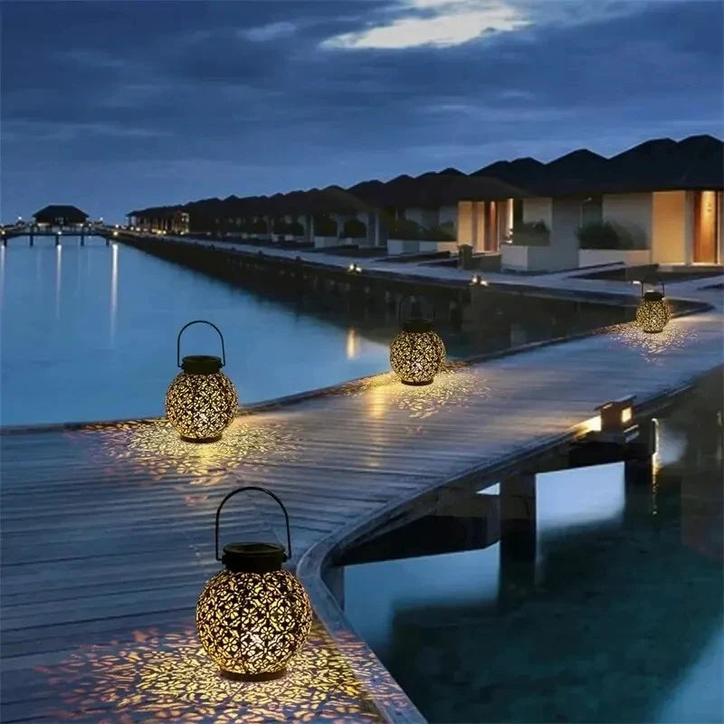 LED Solar Lantern Light - Hollow Wrought Iron Projection Hanging Lamp