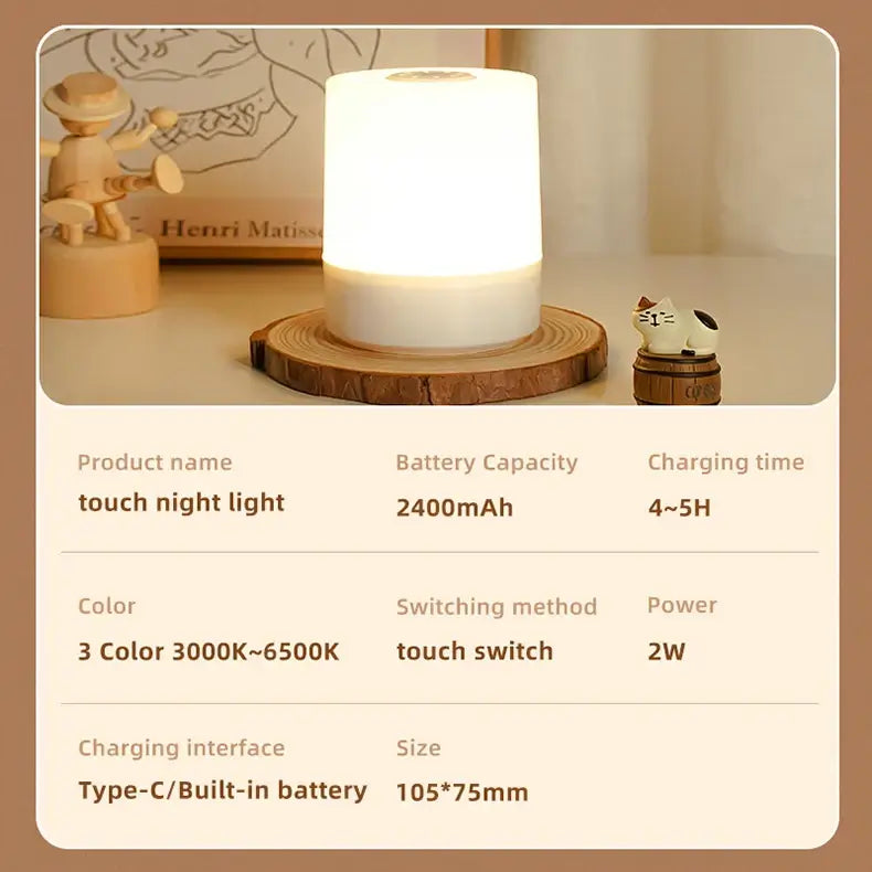 Touch Night Lamp – 3 Modes Dimming Bedside Light with USB Charging | Soft Ambient Light for Bedroom & Kids