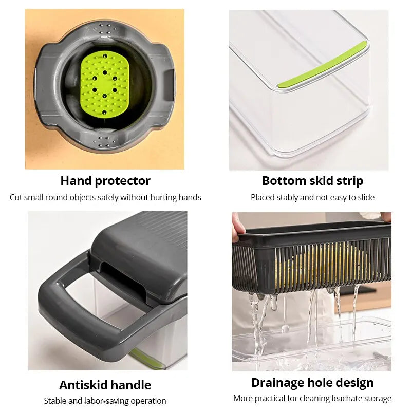 12-in-1 Multifunctional Vegetable Slicer & Chopper – Green & Black | Versatile Fruit, Potato, and Carrot Grater with Drain Basket