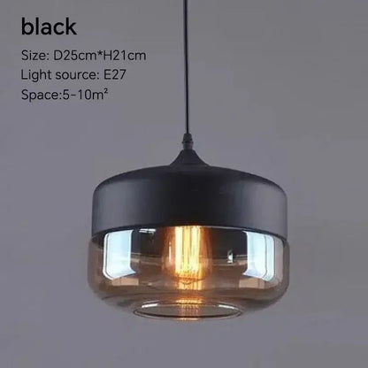 Black LED pendant light fixture with glass shade, size D25cm*H21cm, ideal for 5-10m² spaces.