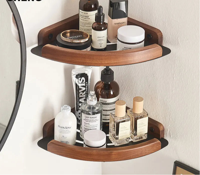 Black & White Bathroom Shelves – Wall Mounted Space Aluminum + Wood Shower Corner Storage Shelf