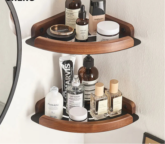Black & White Bathroom Shelves – Wall Mounted Space Aluminum + Wood Shower Corner Storage Shelf