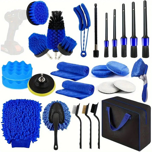 Premium car detailing kit with brushes, cloths, and accessories in blue, perfect for deep cleaning interiors and exteriors.