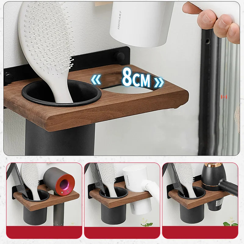 Farmhouse Wooden Wall Mount Hair Dryer Holder — Stylish Bathroom Hair Tool Organizer