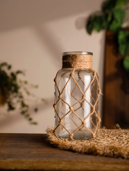 Hand Woven Hemp Rope Glass Vase – Boho Home Decor by Housite