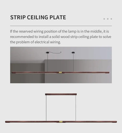 Solid wood strip ceiling plate for LED pendant light wiring installation guidance.