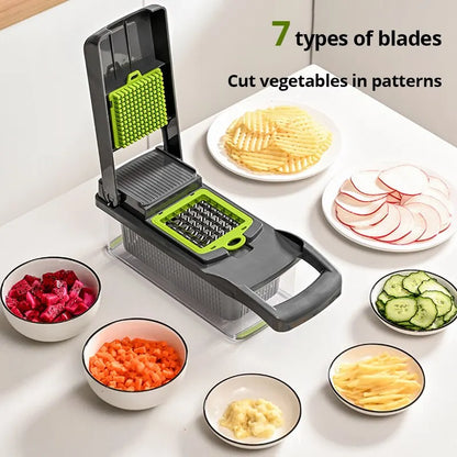12-in-1 Multifunctional Vegetable Slicer & Chopper – Green & Black | Versatile Fruit, Potato, and Carrot Grater with Drain Basket