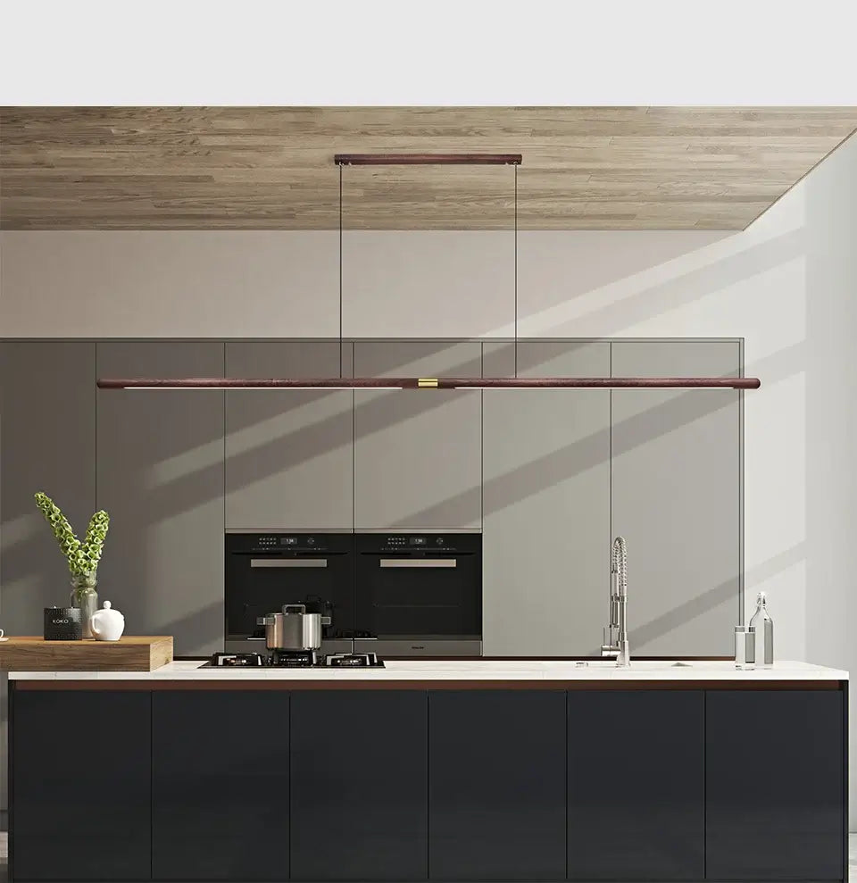 Luxury LED solid wood pendant light in modern kitchen with black cabinets and wooden ceiling.