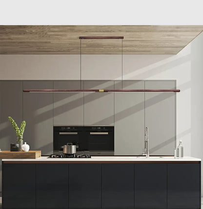 Luxury LED solid wood pendant light in modern kitchen with black cabinets and wooden ceiling.