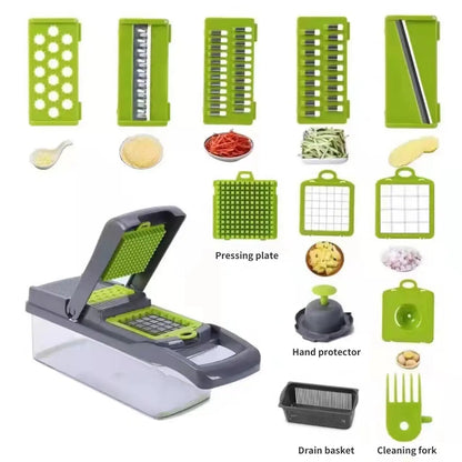 12-in-1 Multifunctional Vegetable Slicer & Chopper – Green & Black | Versatile Fruit, Potato, and Carrot Grater with Drain Basket