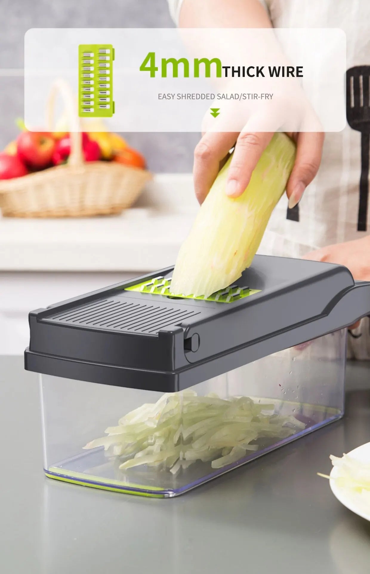 12-in-1 Multifunctional Vegetable Slicer & Chopper – Green & Black | Versatile Fruit, Potato, and Carrot Grater with Drain Basket