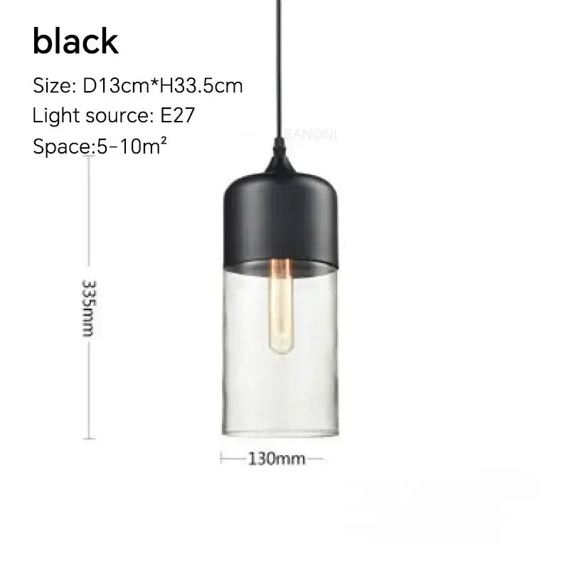 Modern black pendant light with clear glass shade, size D13cm*H33.5cm, ideal for various indoor spaces.
