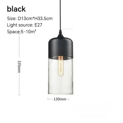 Modern black pendant light with clear glass shade, size D13cm*H33.5cm, ideal for various indoor spaces.